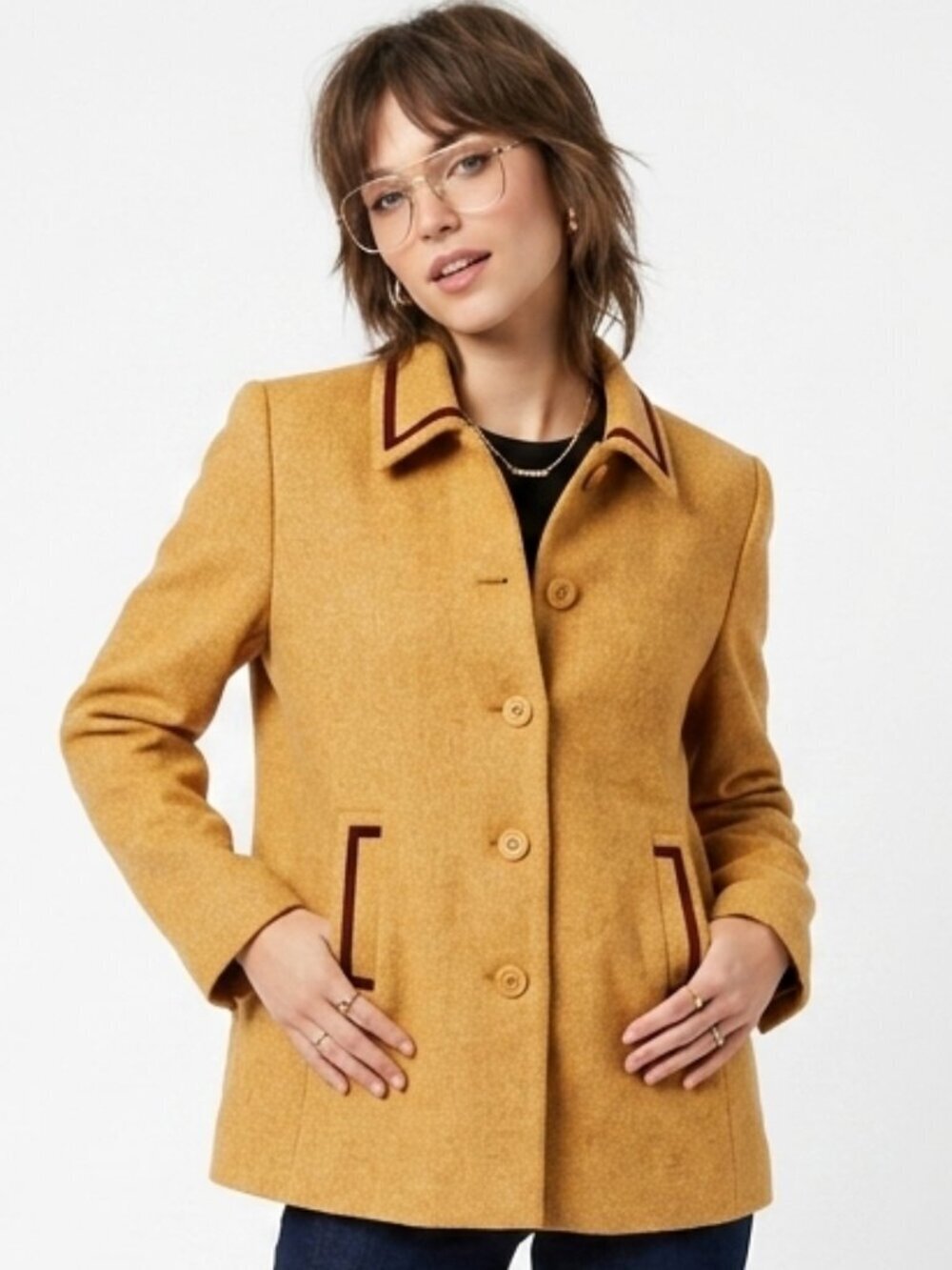 PHILLIPE ADEC Tweed Camel Wool Jacket Burgundy Trim 6
